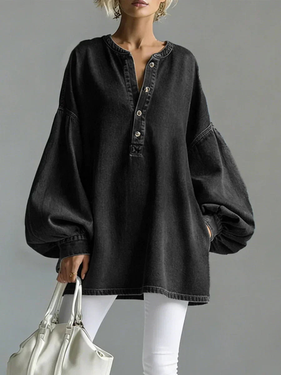 Alyvera™ - Blouse Oversize en Denim à Manches Bouffantes
