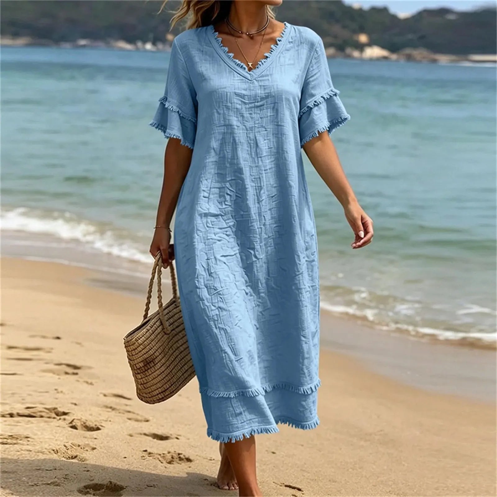 Naelle - Robe femme col V à franges style bohème
