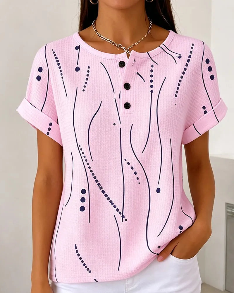 Zelynn - T-shirt femme imprimé à manches courtes avec boutons