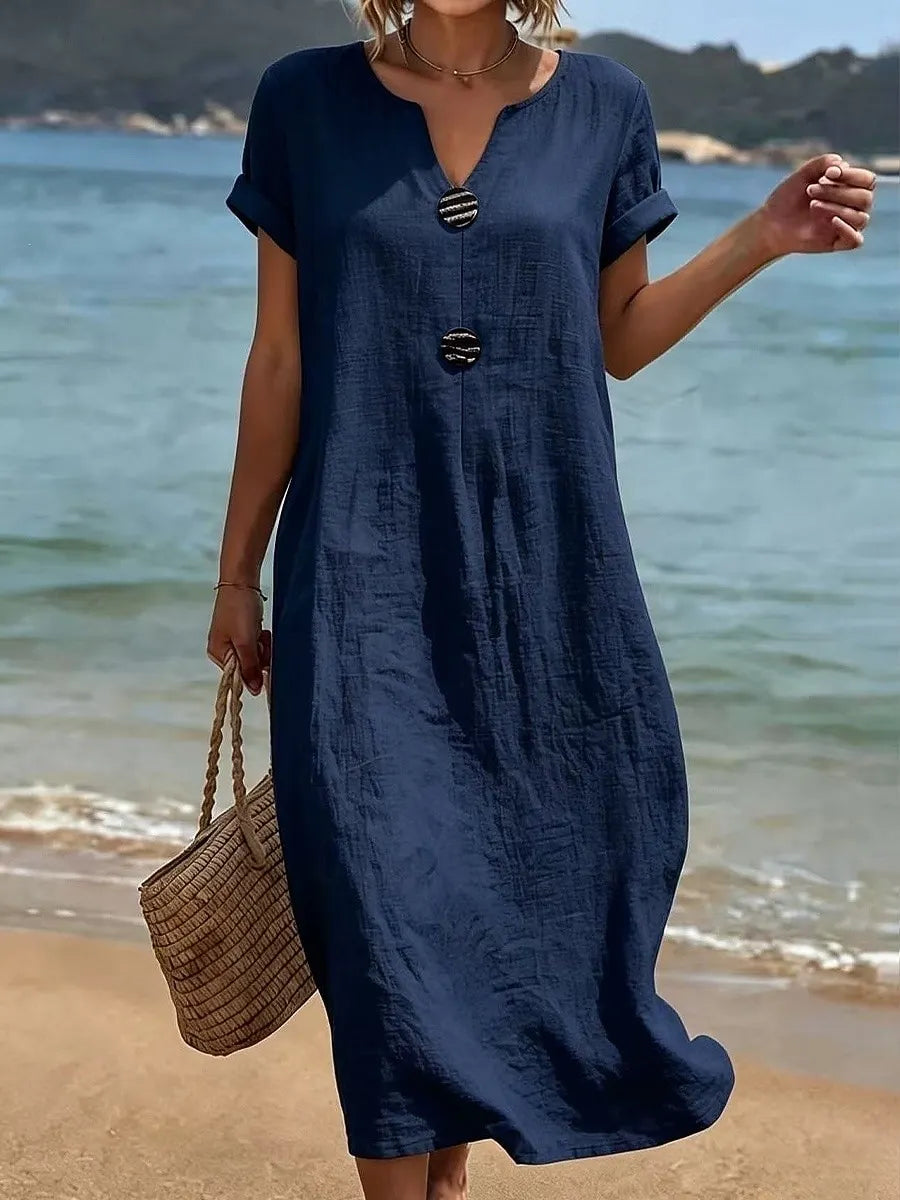 Quinora - Robe longue femme fluide unie avec boutons