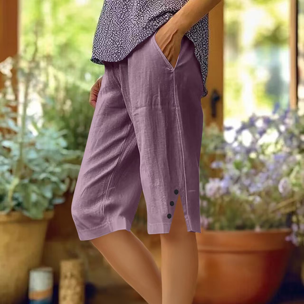 Oselia - Pantalon capri femme uni avec poches