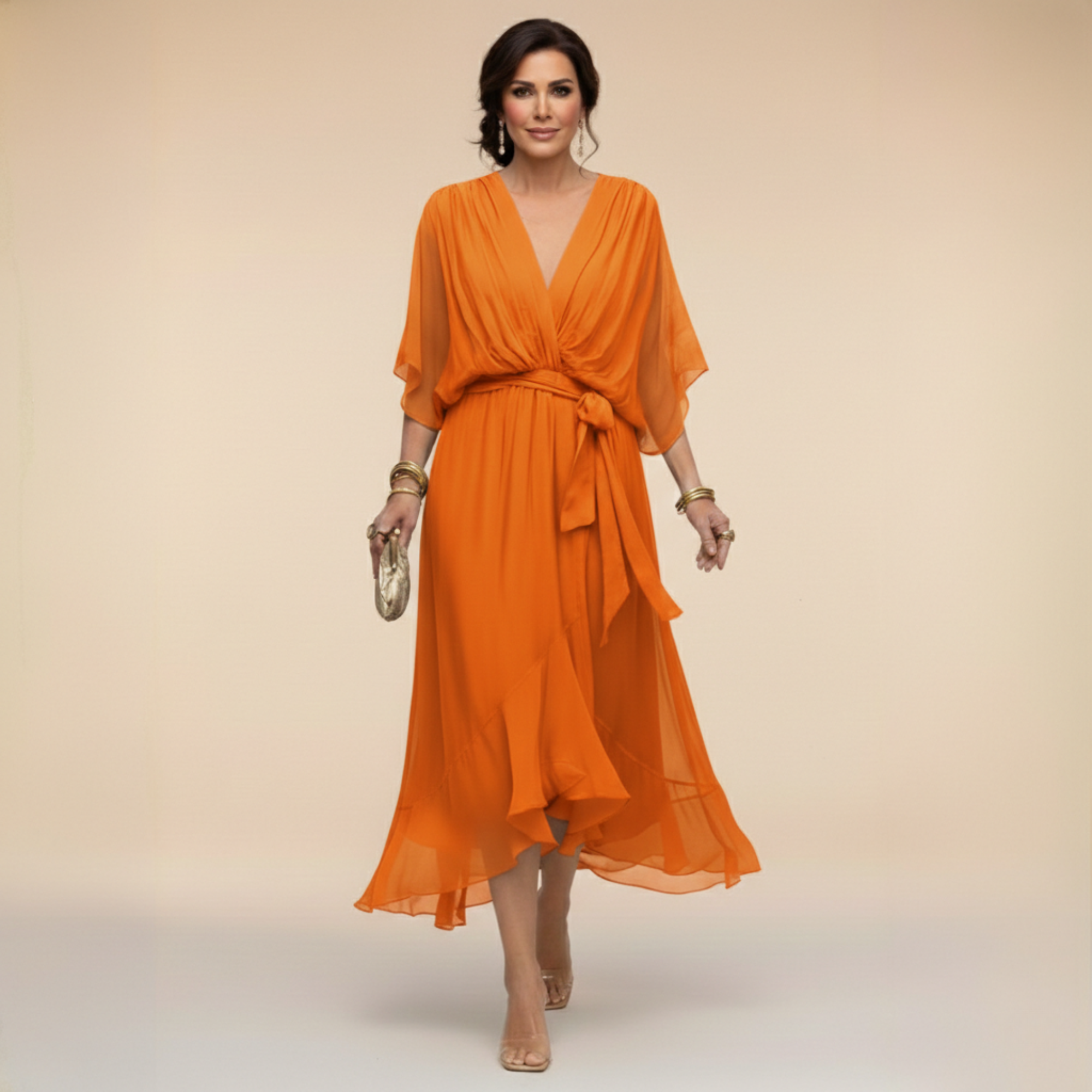 Lazira™ - Robe femme midi fluide col V manches amples ceinture élégante