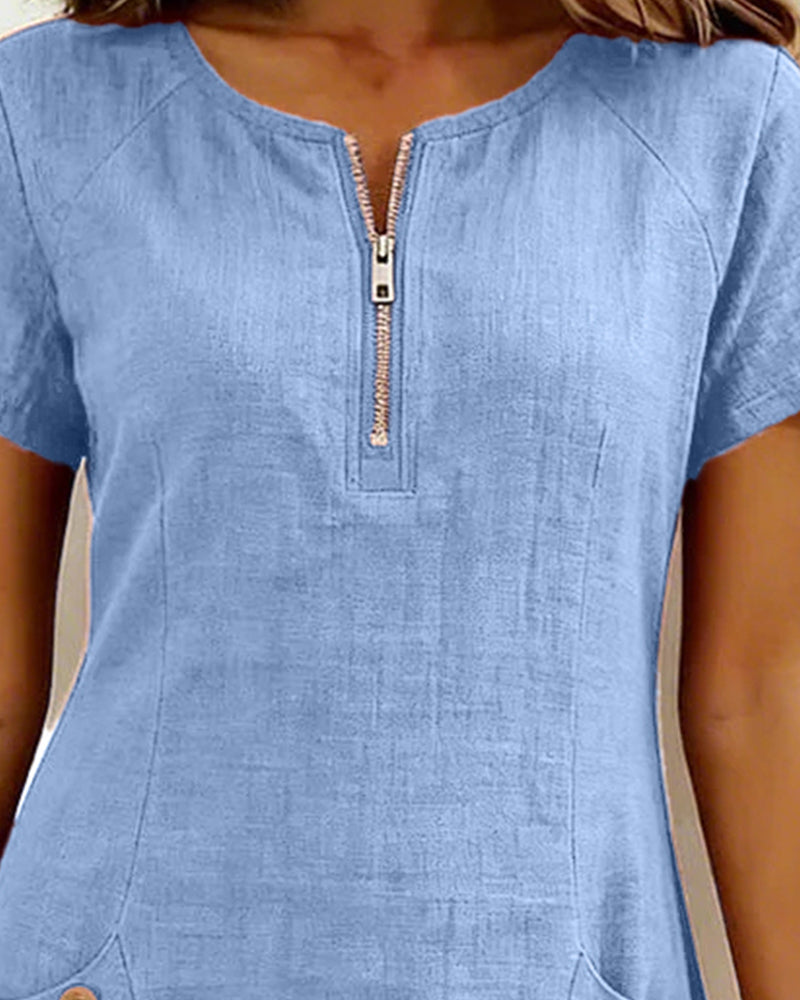 Kovira™ - Robe Courte Coton Lin avec Fermeture Éclair et Poches