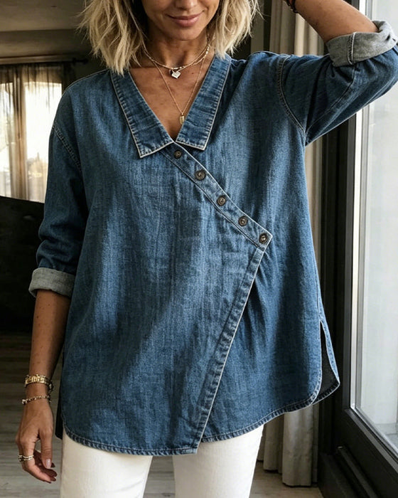 Mélusine - Blouse femme ample effet denim à boutons diagonaux