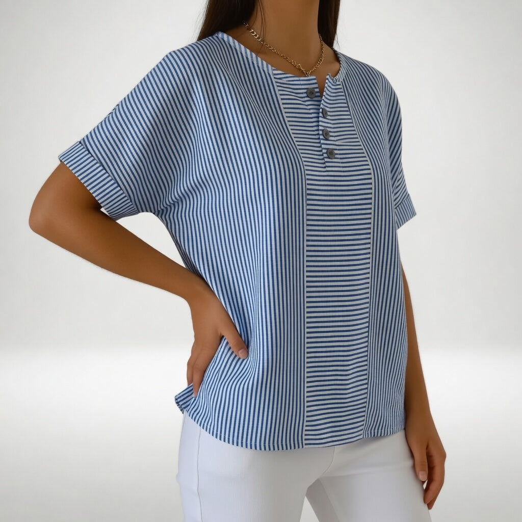 Dovinia™ - Blouse femme lin rayée manches courtes fluide été casual