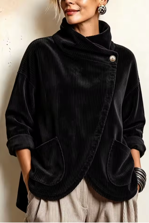 Ysée - Pull femme en velours côtelé à col montant et fermeture asymétrique