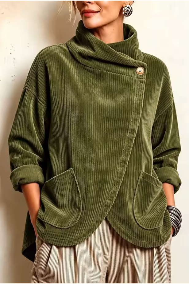 Ysée - Pull femme en velours côtelé à col montant et fermeture asymétrique