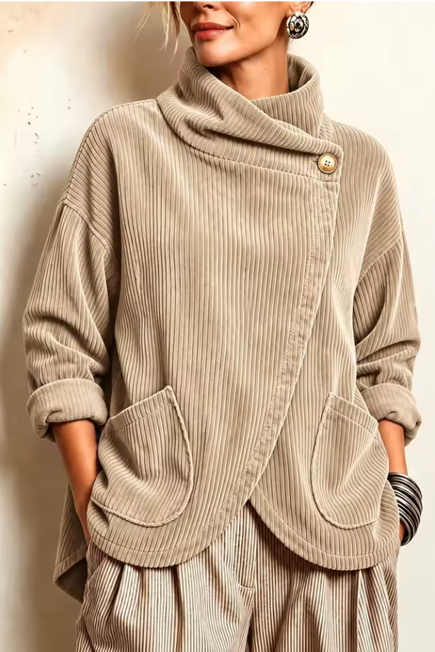 Ysée - Pull femme en velours côtelé à col montant et fermeture asymétrique
