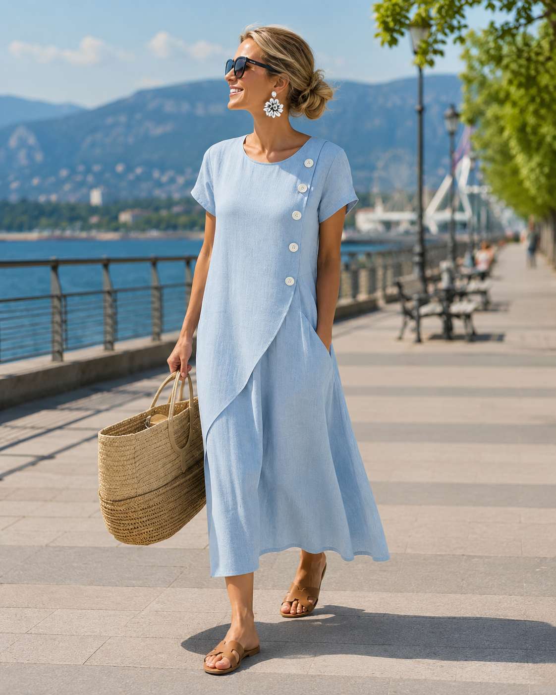 Nalisse - Robe midi femme avec boutons asymétriques et poches