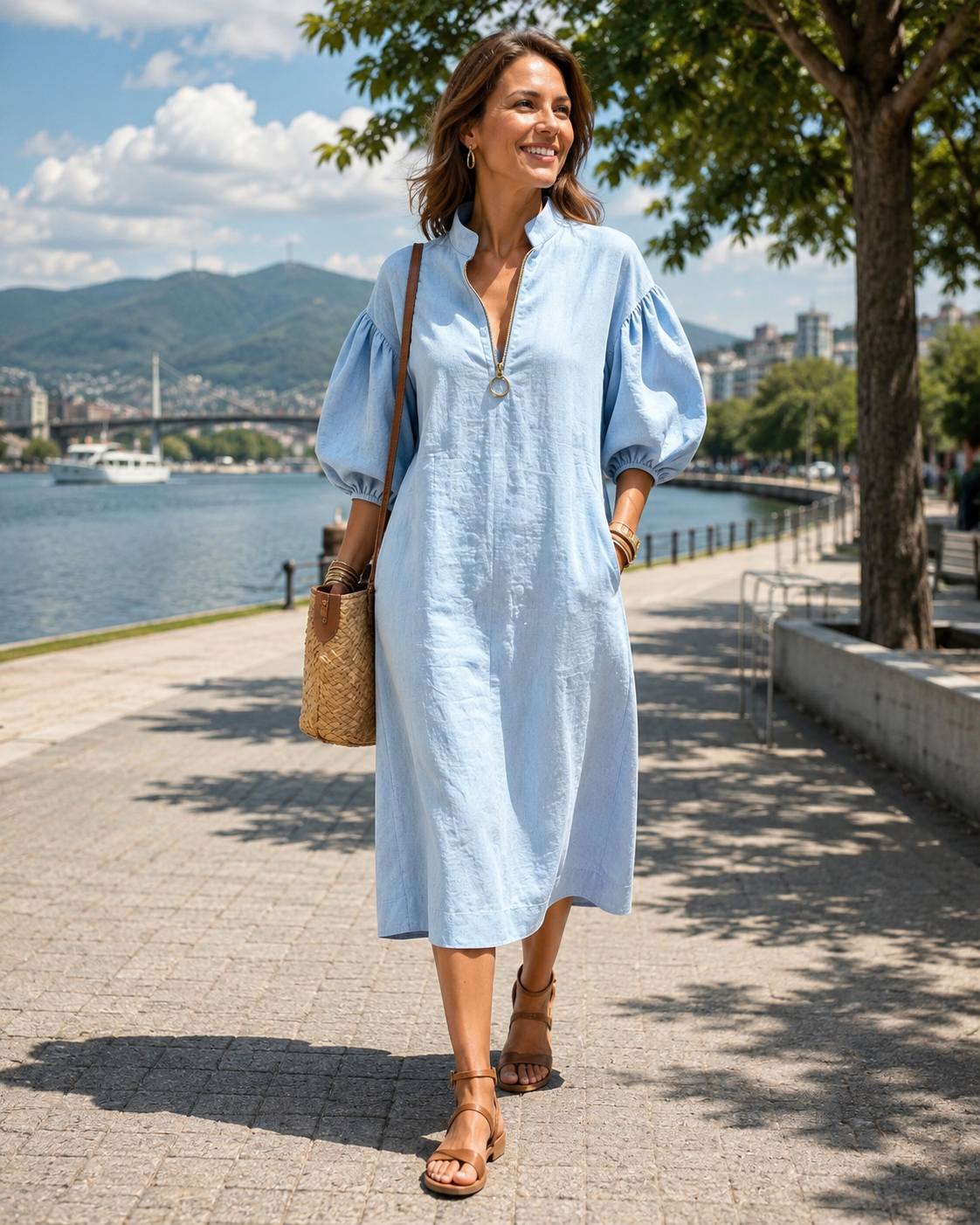 Aislin - Robe femme à manches bouffantes avec col montant