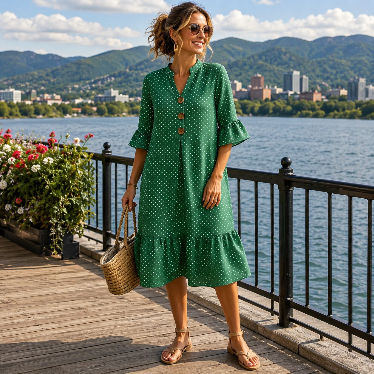 Ismere - Robe midi femme à pois avec manches volantées