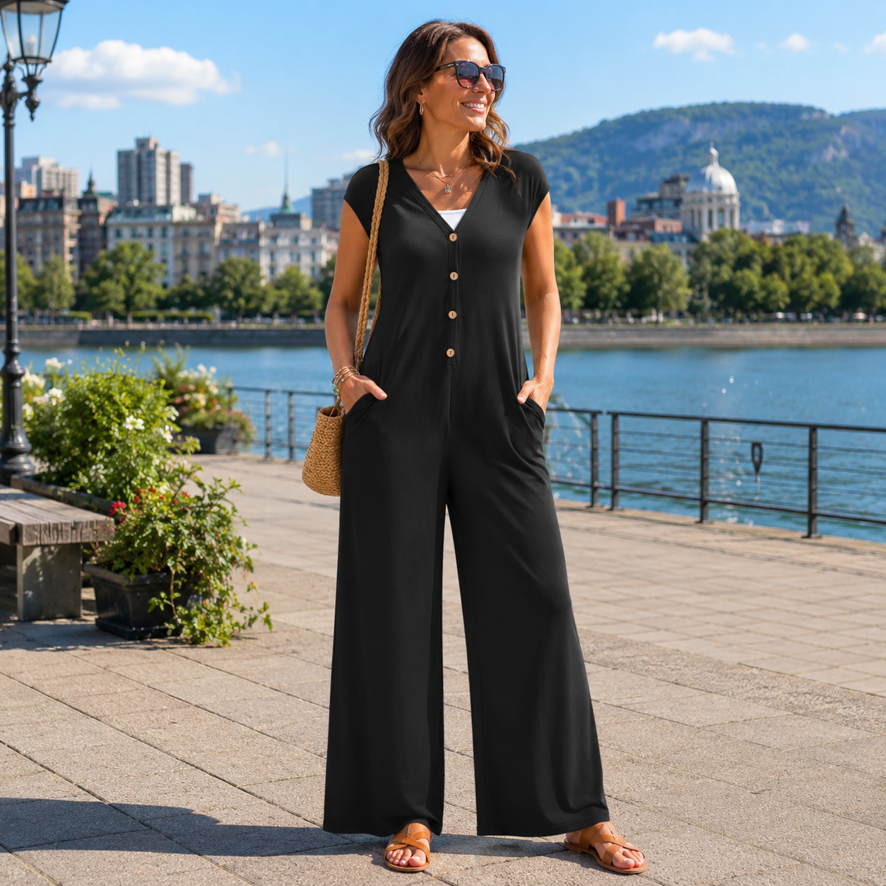Priscena - Combinaison femme à col V avec boutons et jambes larges