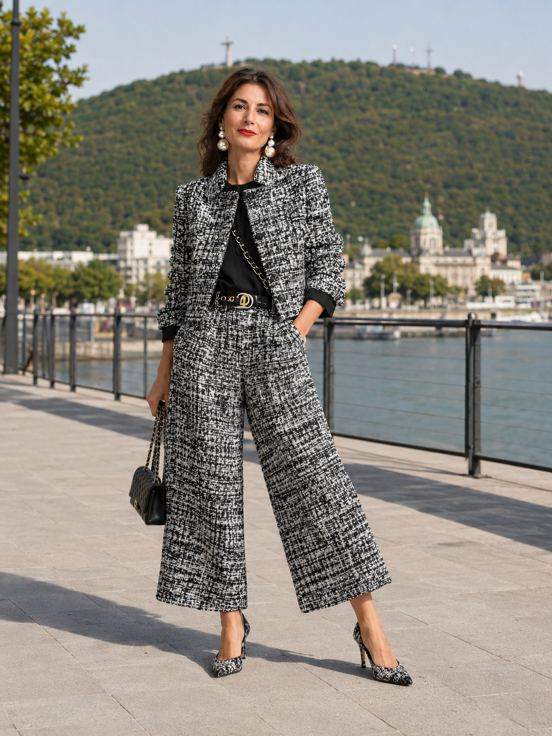 Luneth - Ensemble femme en tweed avec veste courte et pantalon large
