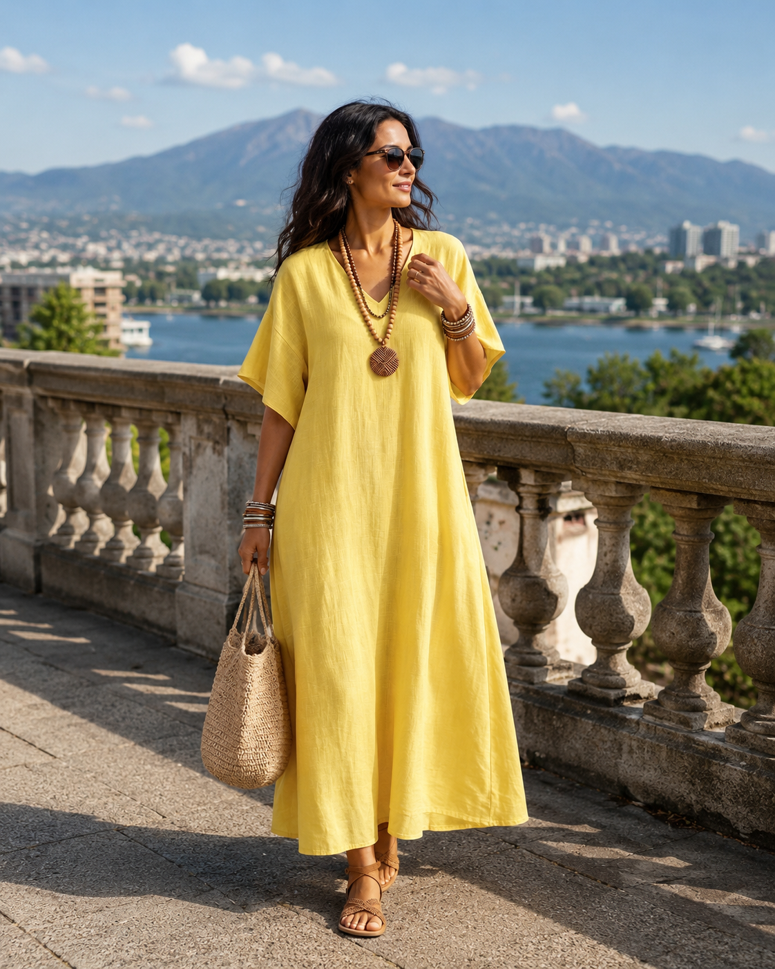 Ivessa - Robe longue femme en coton-lin à col V et poches