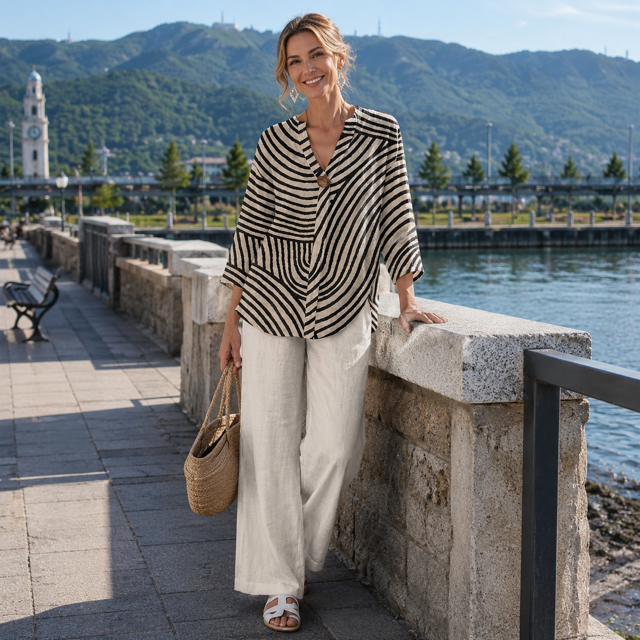 Talisse - Ensemble femme rayé deux pièces avec pantalon large