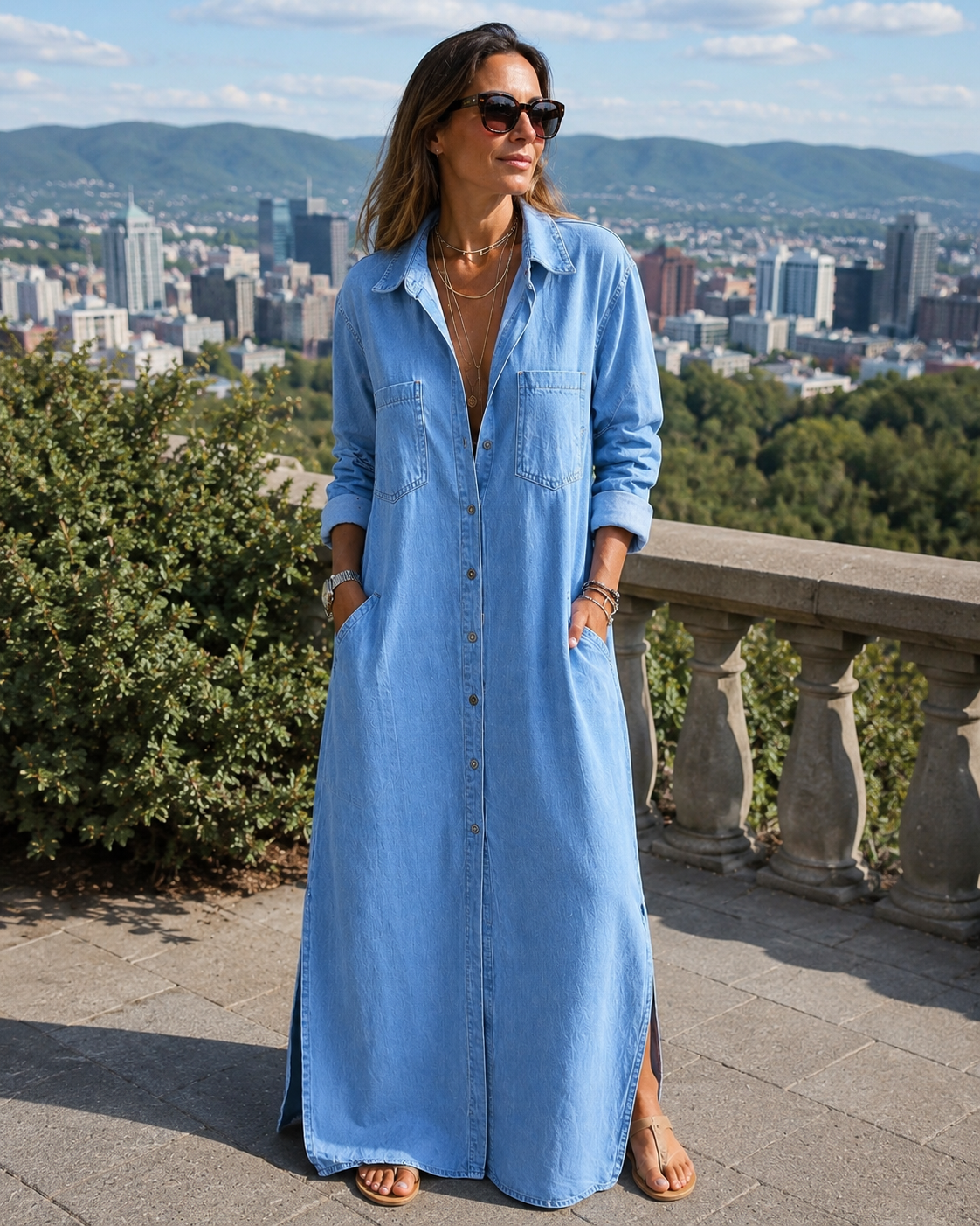Jasmoria - Robe chemise longue femme en denim boutonnée