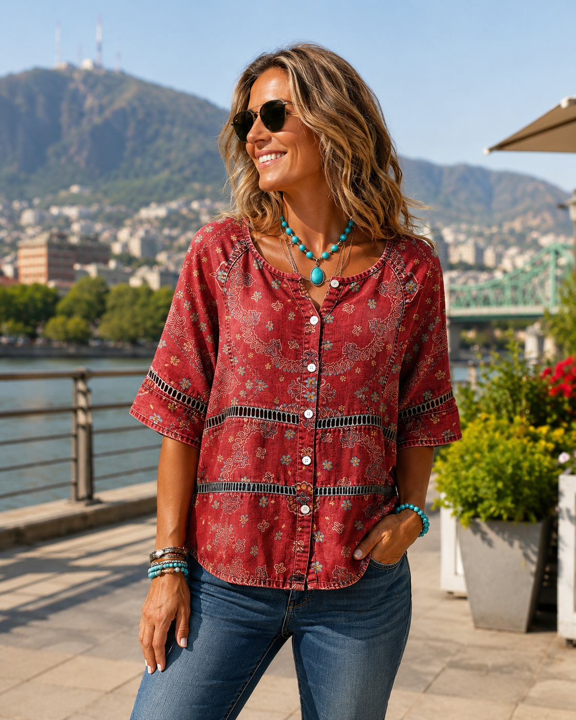 Liorissa - Blouse femme vintage à imprimé ethnique et boutons