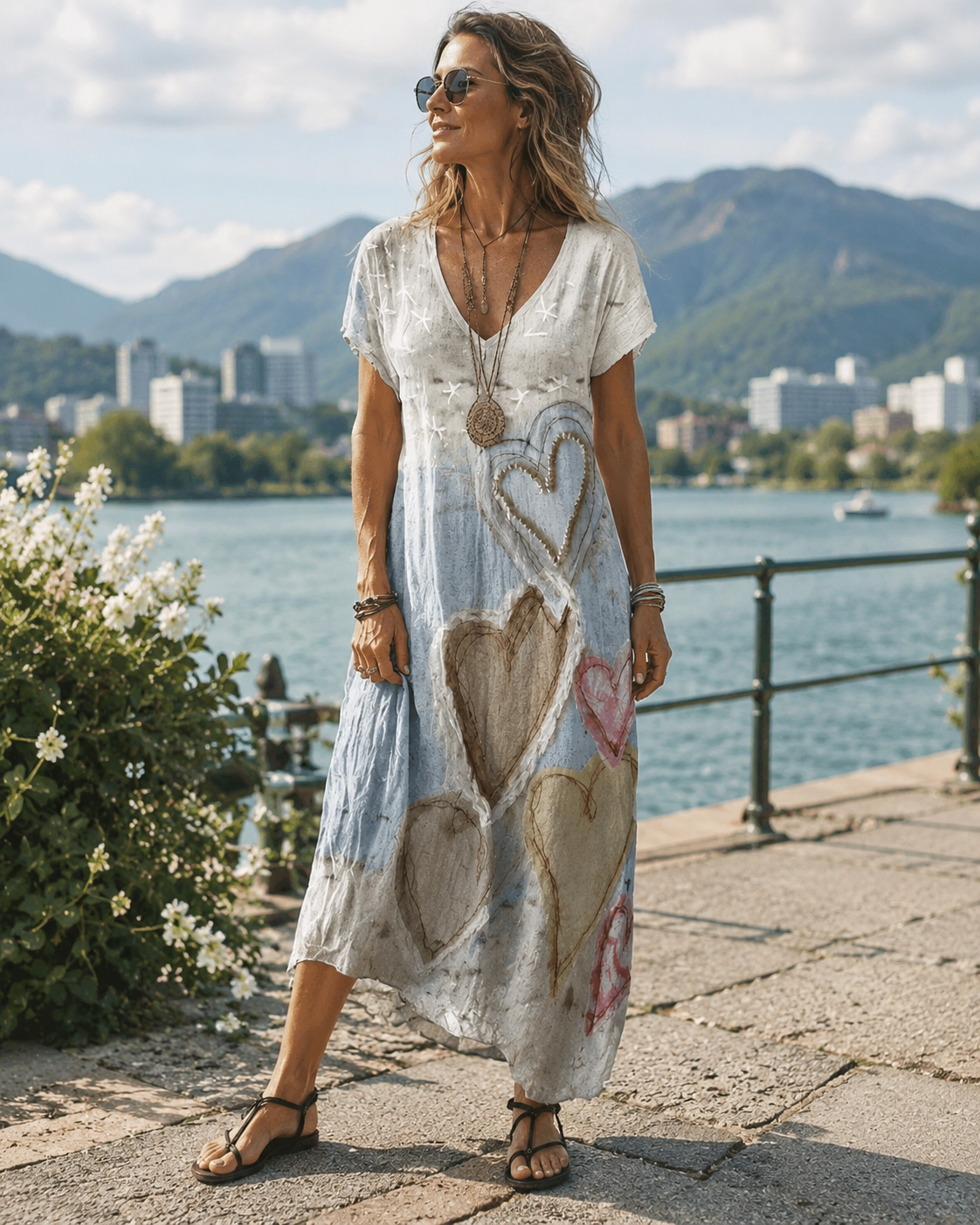 Myravina - Robe midi femme vintage à imprimé cœur et col V