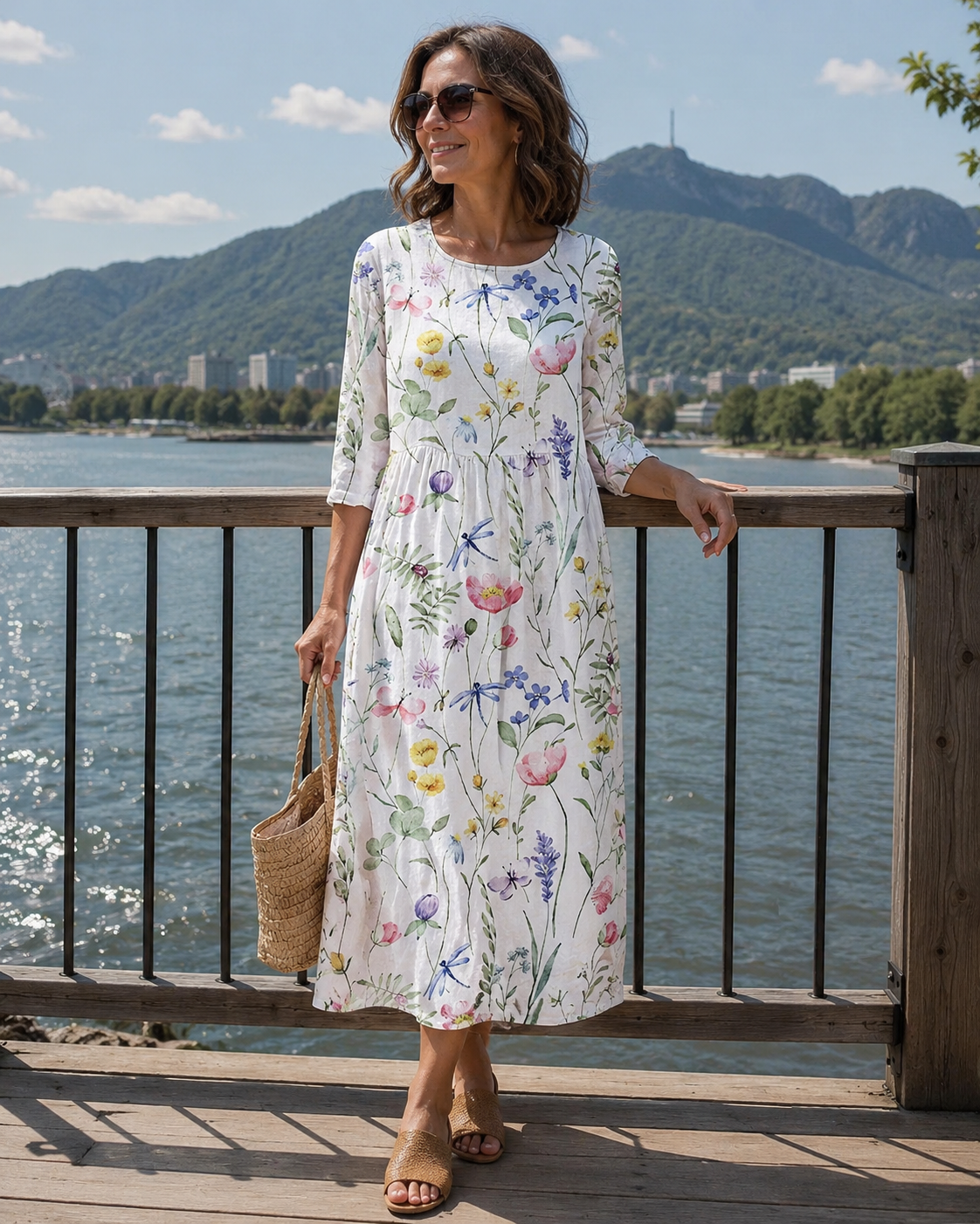 Noralisse - Robe midi femme à motif floral et manches mi-longues