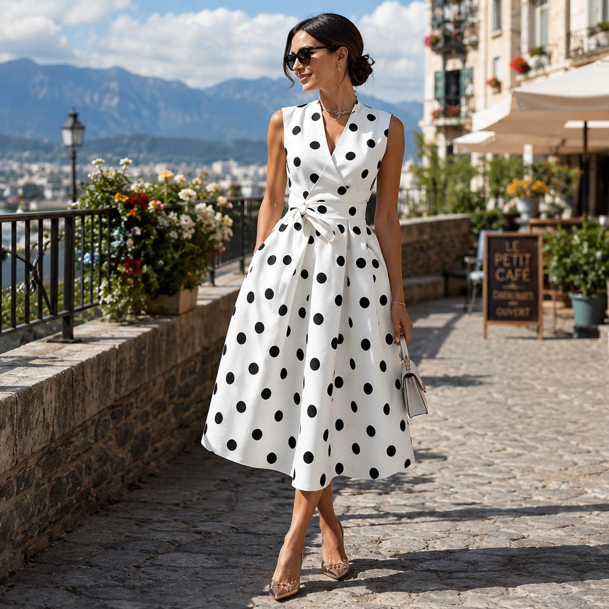 Briselle - Robe femme sans manches à pois avec col V et ceinture