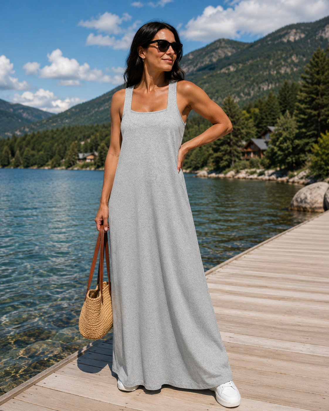 Dorissa - Robe longue femme effet deux pièces avec découpes latérales