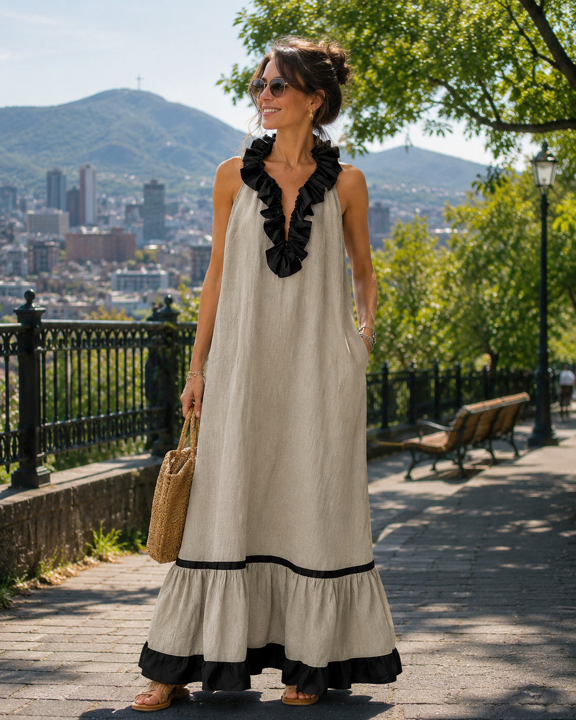 Gracelyn - Robe longue femme fluide avec volants contrastés