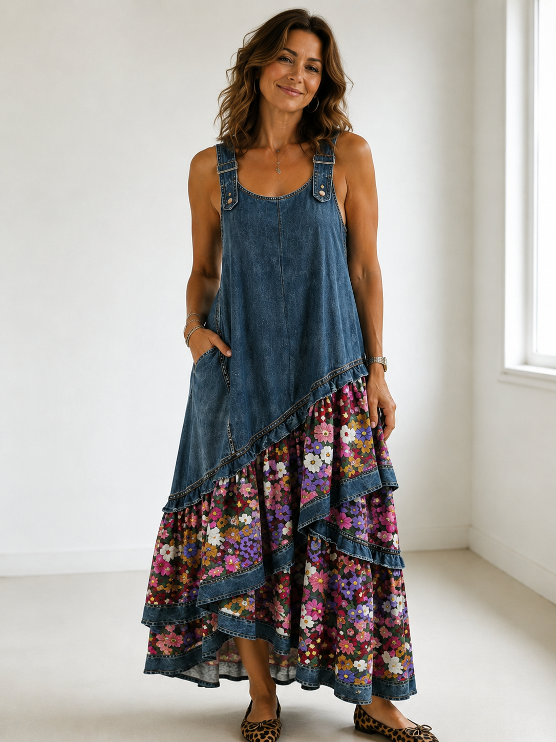 Rovessira - Robe maxi femme patchwork bohème en jean et imprimé floral