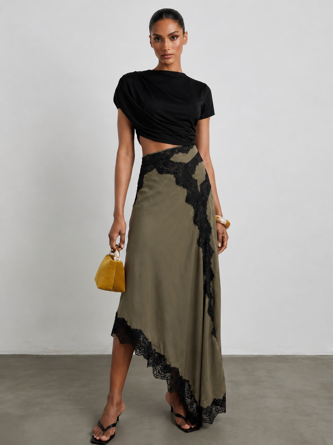 Griselune™ - Ensemble femme top asymétrique noir et jupe maxi dentelle élégante