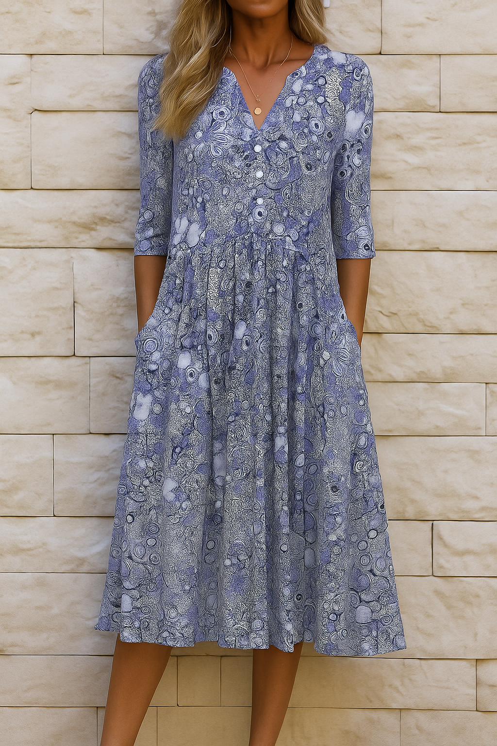 Quessia - Robe midi femme imprimée à col V et manches 3/4
