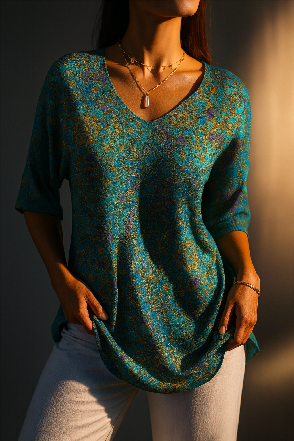 Kynelle™ - Blouse femme fluide imprimée col V manches évasées style bohème élégant