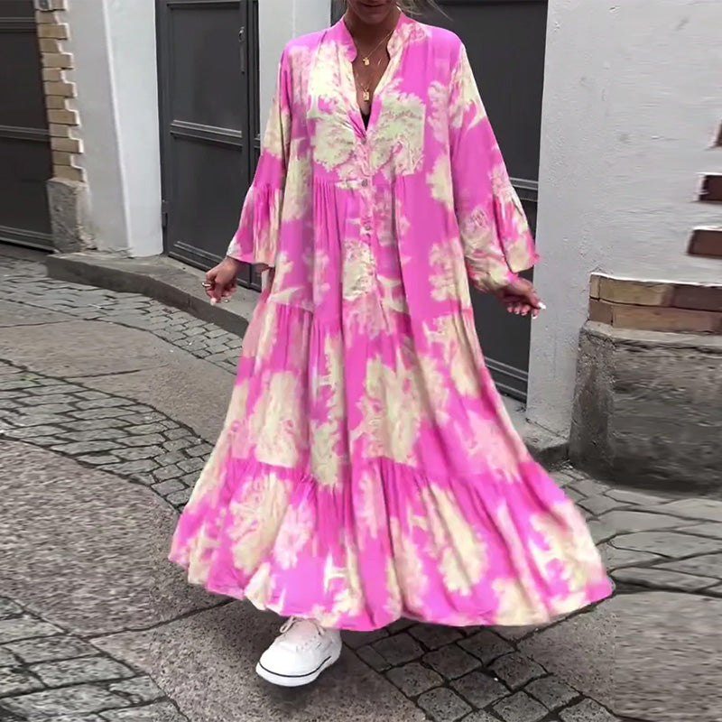 Greta™ - Robe Patchwork Ample avec Col en V et Manches Cloches Imprimées