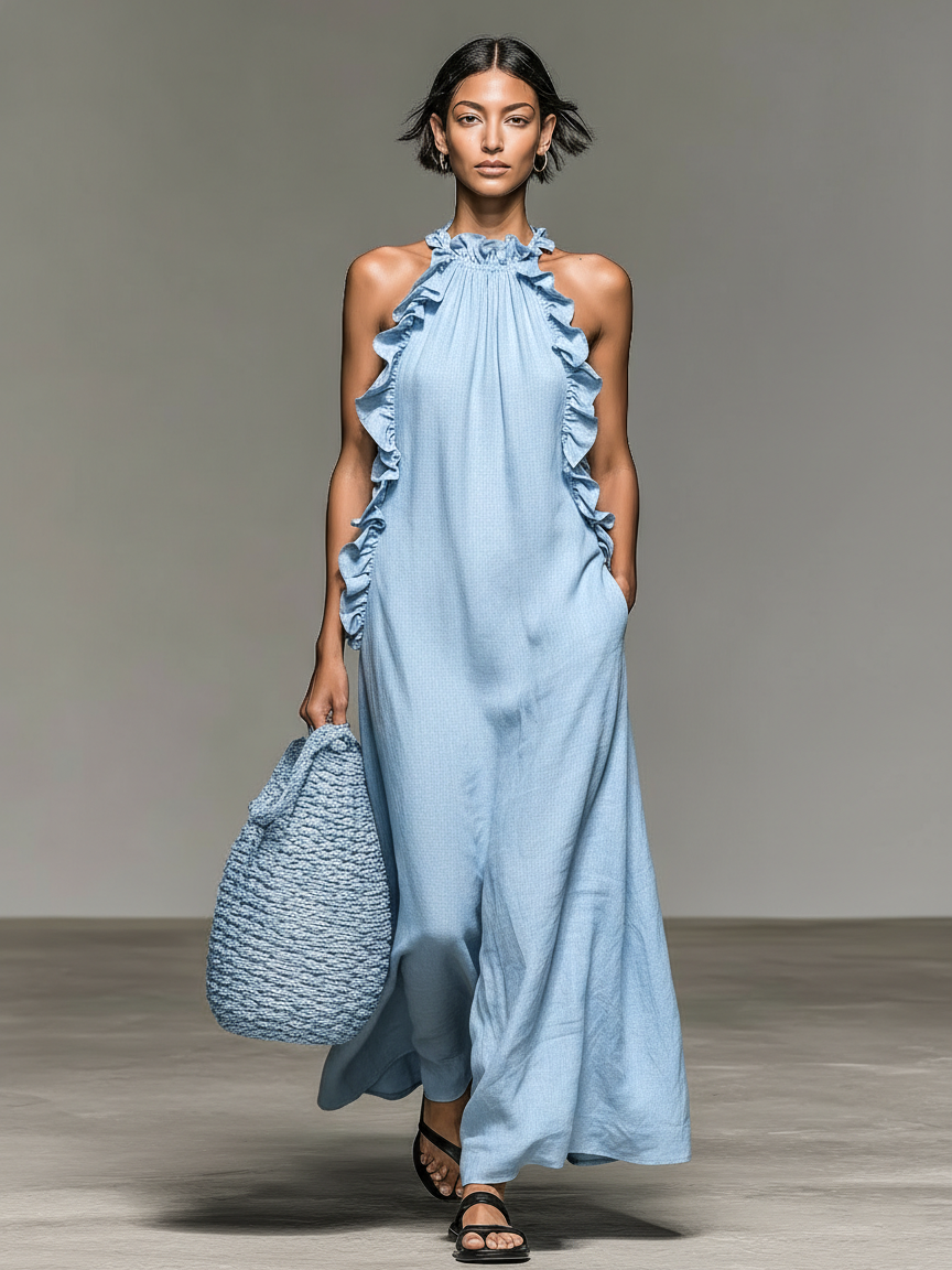 Grevina - Robe maxi femme sans manches à volants avec poches