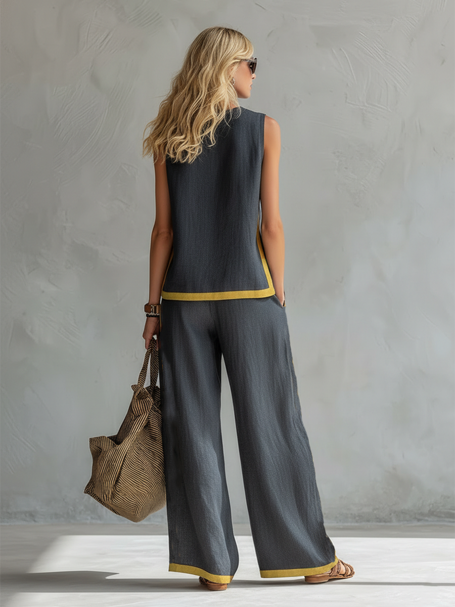 Tavindra™ - Ensemble Élégant Coton Lin Femme – Haut Sans Manches & Pantalon Large