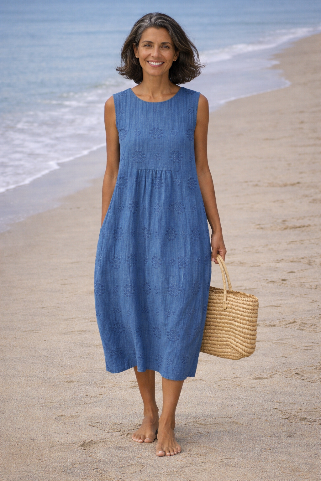 Karelle - Robe midi femme sans manches avec broderie et poches