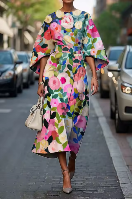 Havirelle™ - Robe midi florale femme élégante manches fluides imprimé artistique