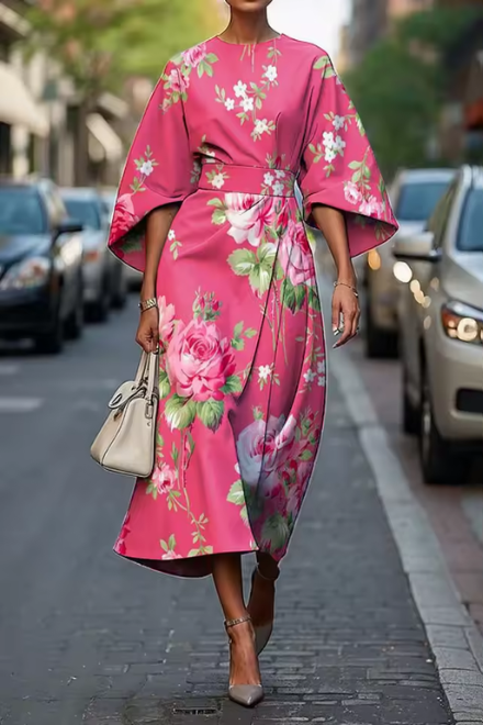 Havirelle™ - Robe midi florale femme élégante manches fluides imprimé artistique