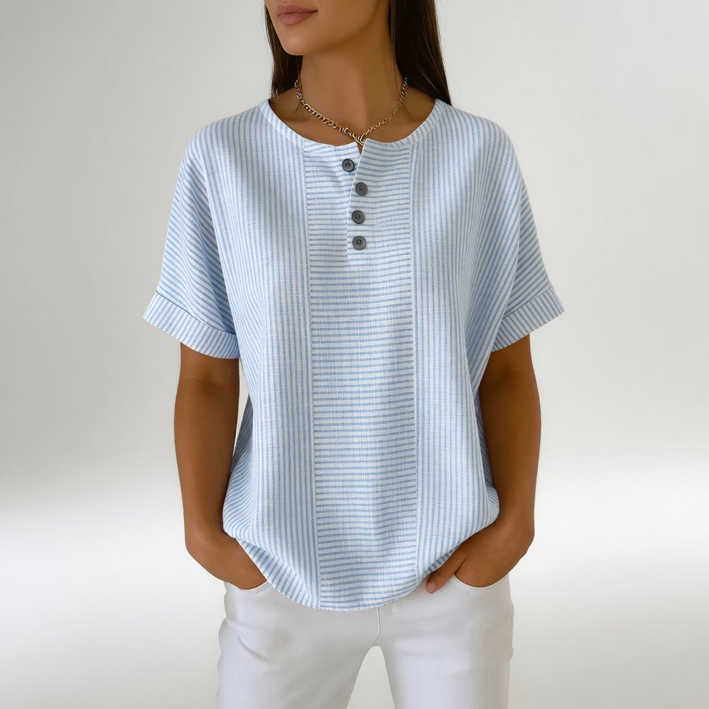 Dovinia™ - Blouse femme lin rayée manches courtes fluide été casual