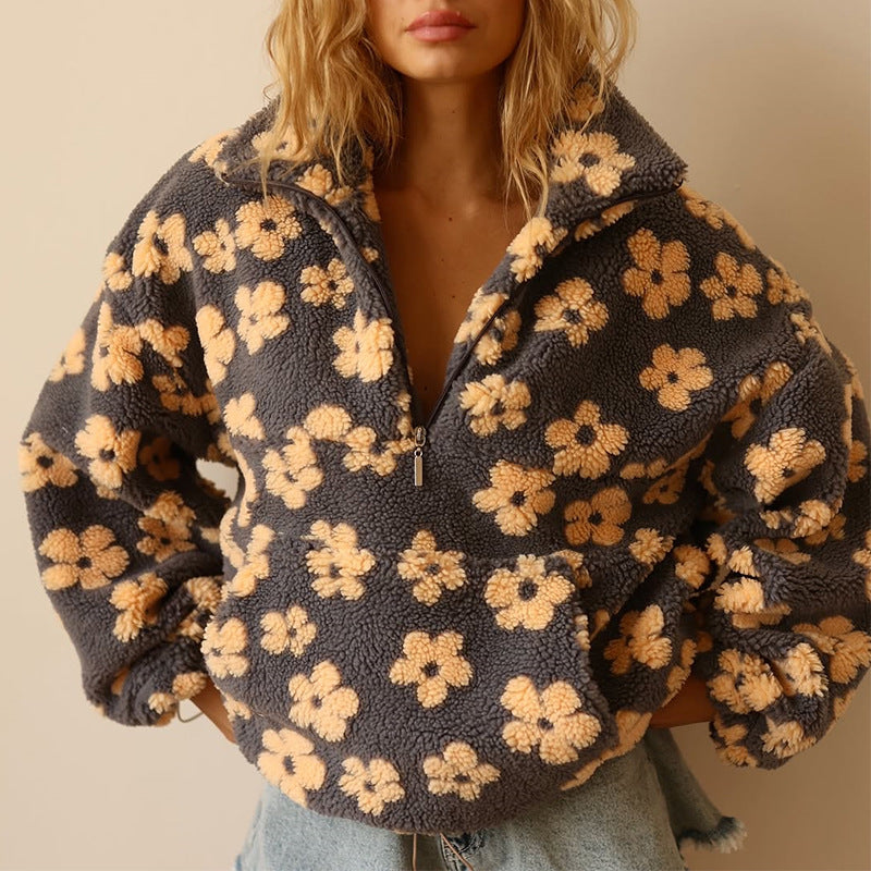 Jovira™ - Sweat en polaire sherpa avec fleurs boho et coupe oversize