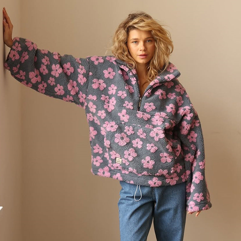 Jovira™ - Sweat en polaire sherpa avec fleurs boho et coupe oversize