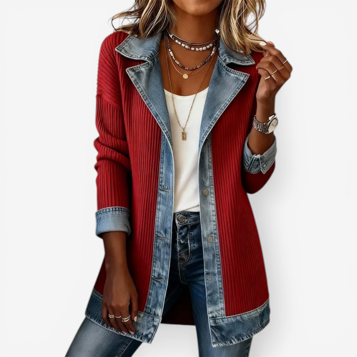 Tirexa™ - Veste Femme Style Denim Mélangé Effet Superposé Moderne