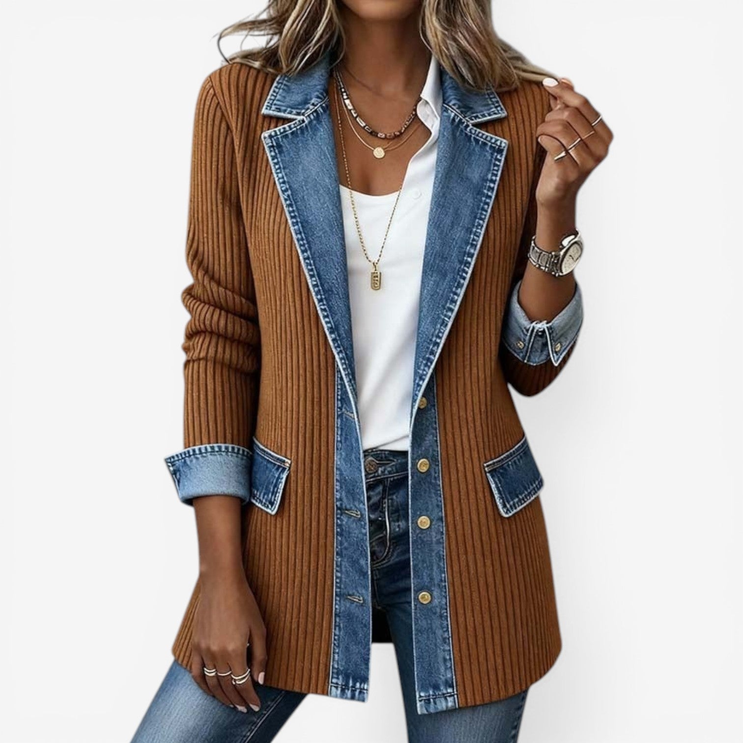 Tirexa™ - Veste Femme Style Denim Mélangé Effet Superposé Moderne
