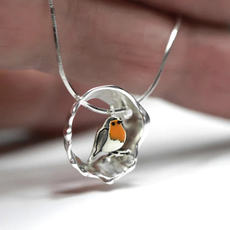 Kaelia - Collier femme avec pendentif rouge-gorge argenté