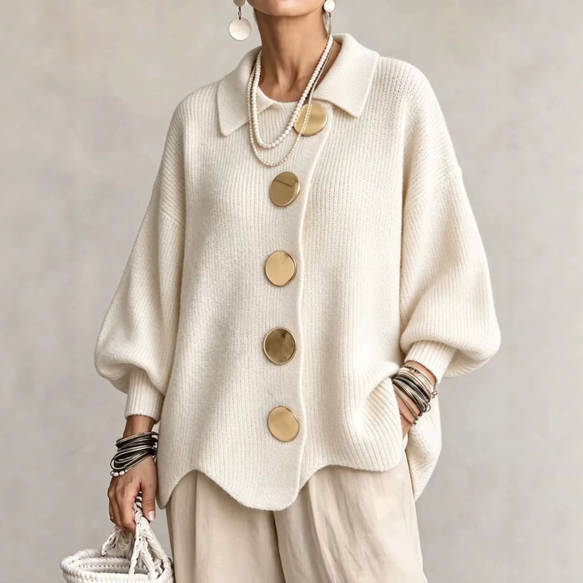 Daniëlle - Cardigan femme oversize à col boutonné en maille côtelée