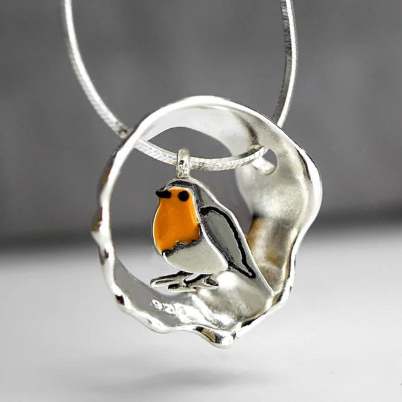 Kaelia - Collier femme avec pendentif rouge-gorge argenté