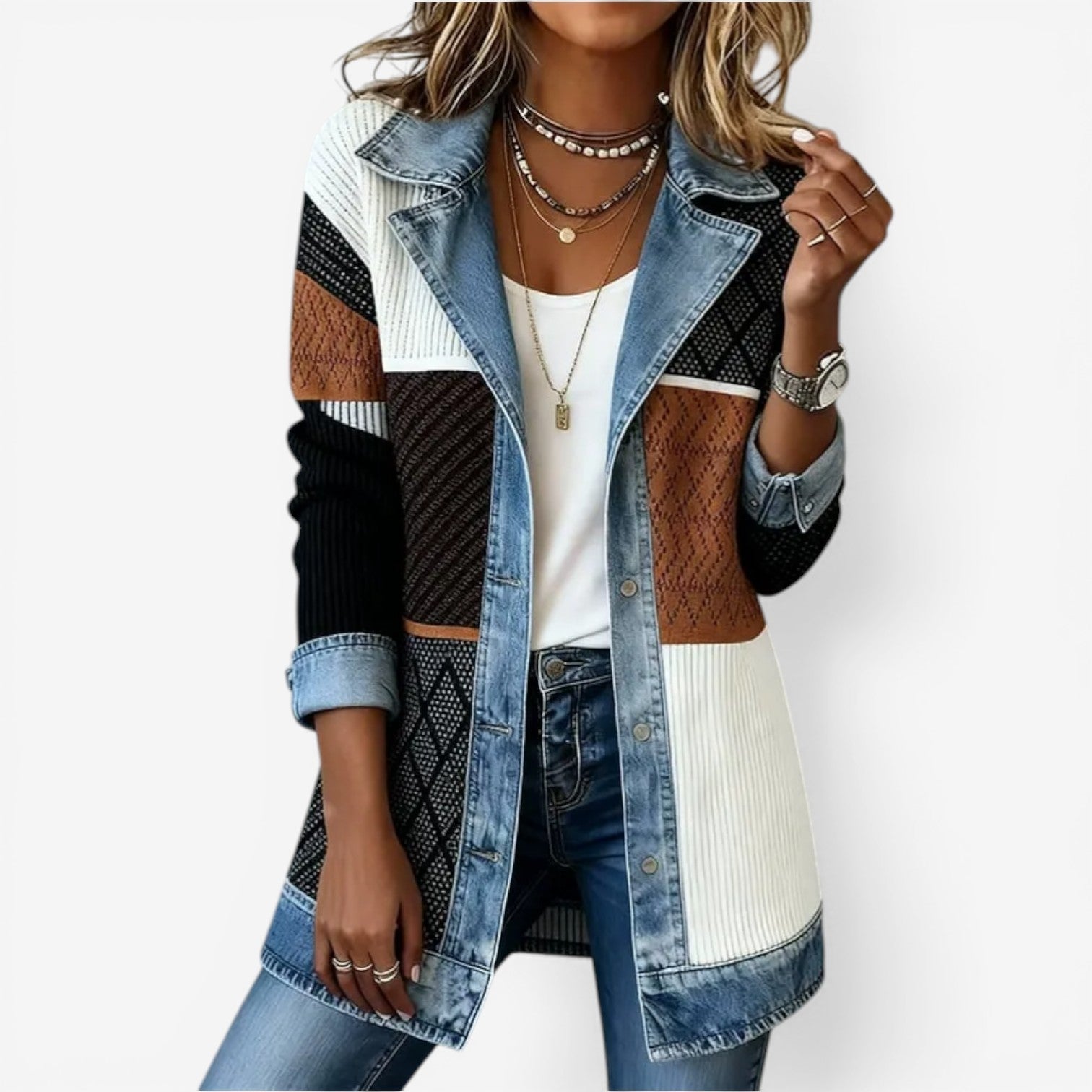Tirexa™ - Veste Femme Style Denim Mélangé Effet Superposé Moderne