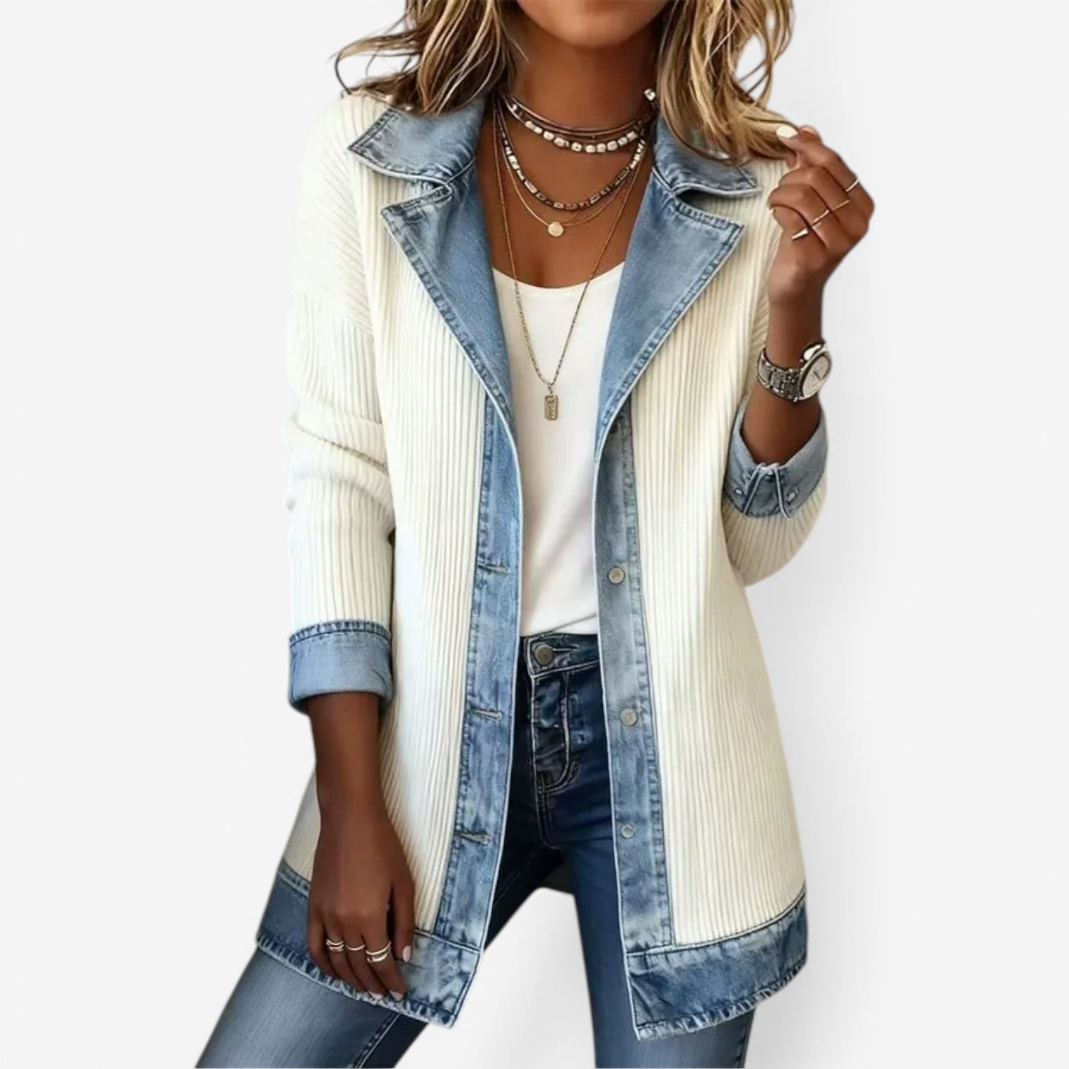 Tirexa™ - Veste Femme Style Denim Mélangé Effet Superposé Moderne