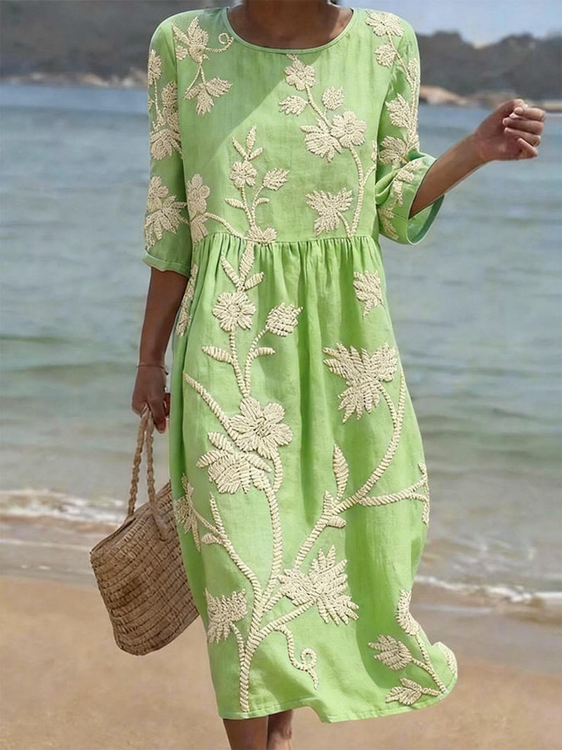 Delyth™ - Robe Midi Fluide Brodée Style Vintage Élégant