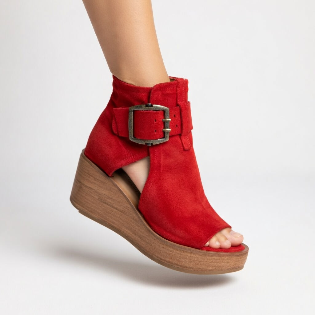 Kalyne™- Sandales femme wedge suède bout ouvert boucle cheville