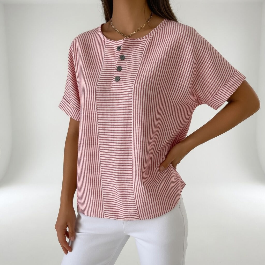 Dovinia™ - Blouse femme lin rayée manches courtes fluide été casual