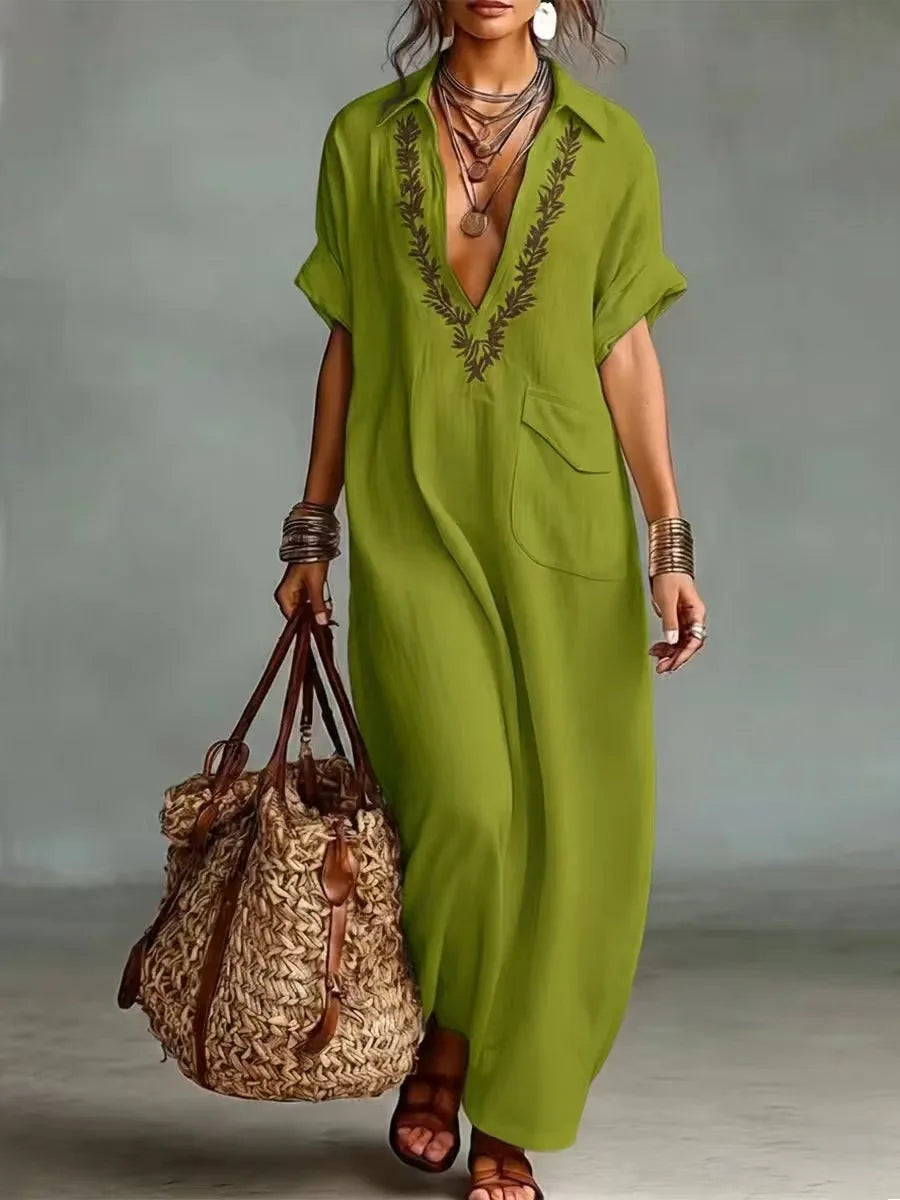 Pherelle - Robe longue femme brodée effet lin avec poches